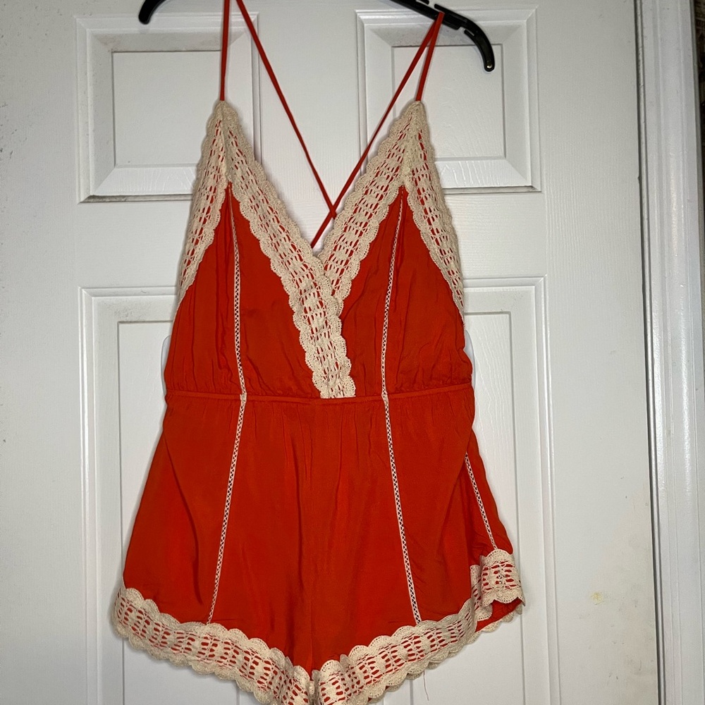 Verty Vibrant Orange boho romper with crochet trim